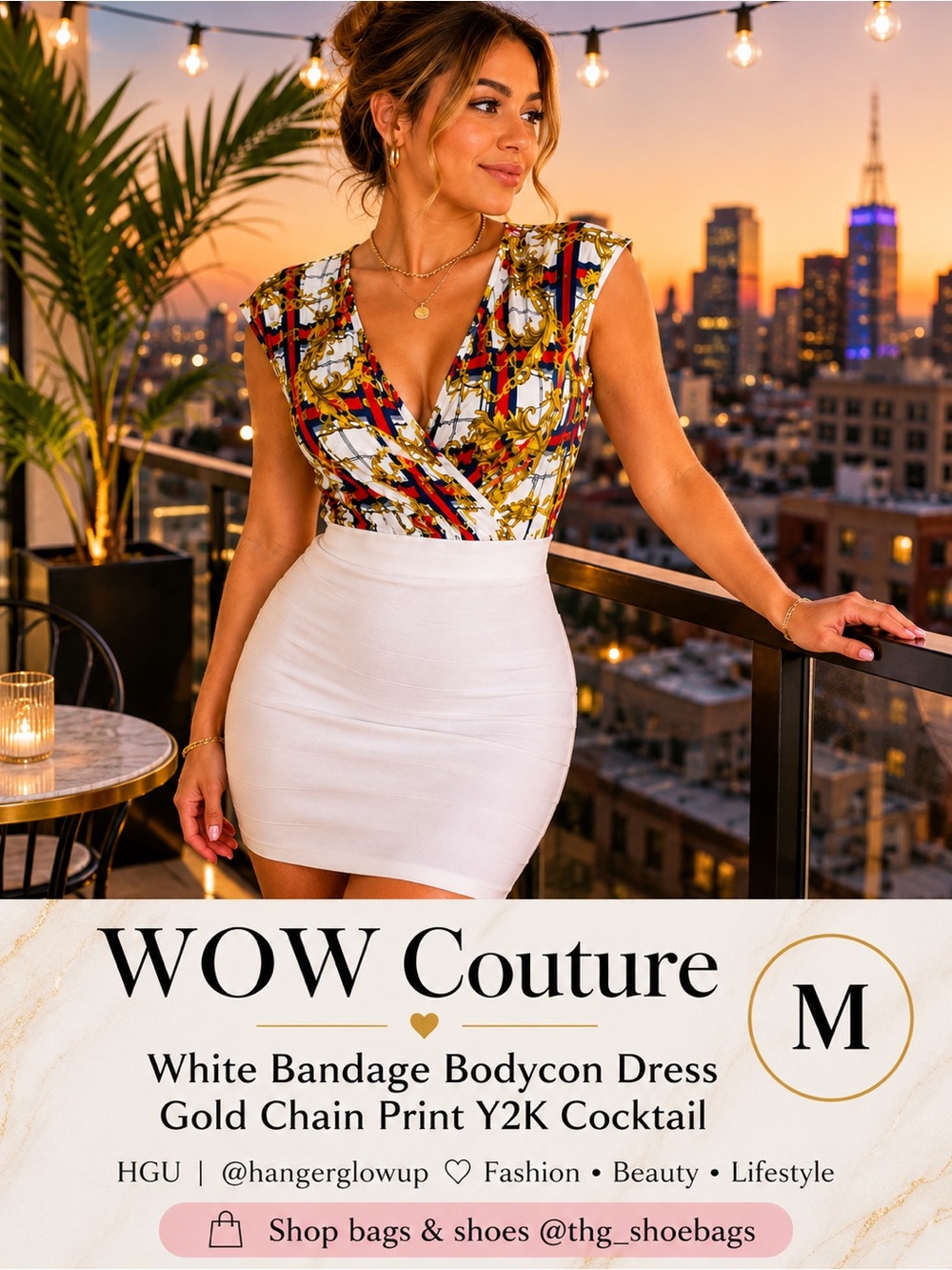 WOW Couture White Bandage Bodycon Dress Gold Chain Print Y2K Cocktail M
